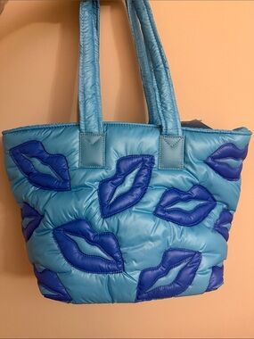 Wildfox Blue Quilted Tote with Royal Blue Lip Appliqués